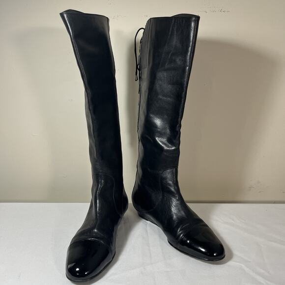 Prialpas Gomma Italy‎ Back Laced Tall Knee High Boot Black Leather 7 1/2 Riding - Picture 3 of 12